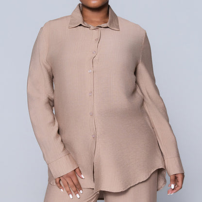 Long Sleeve Plain  Button Down Mocca Top