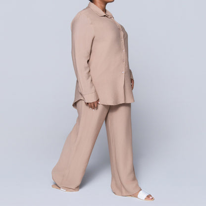 Long Sleeve Plain  Button Down Mocca Top