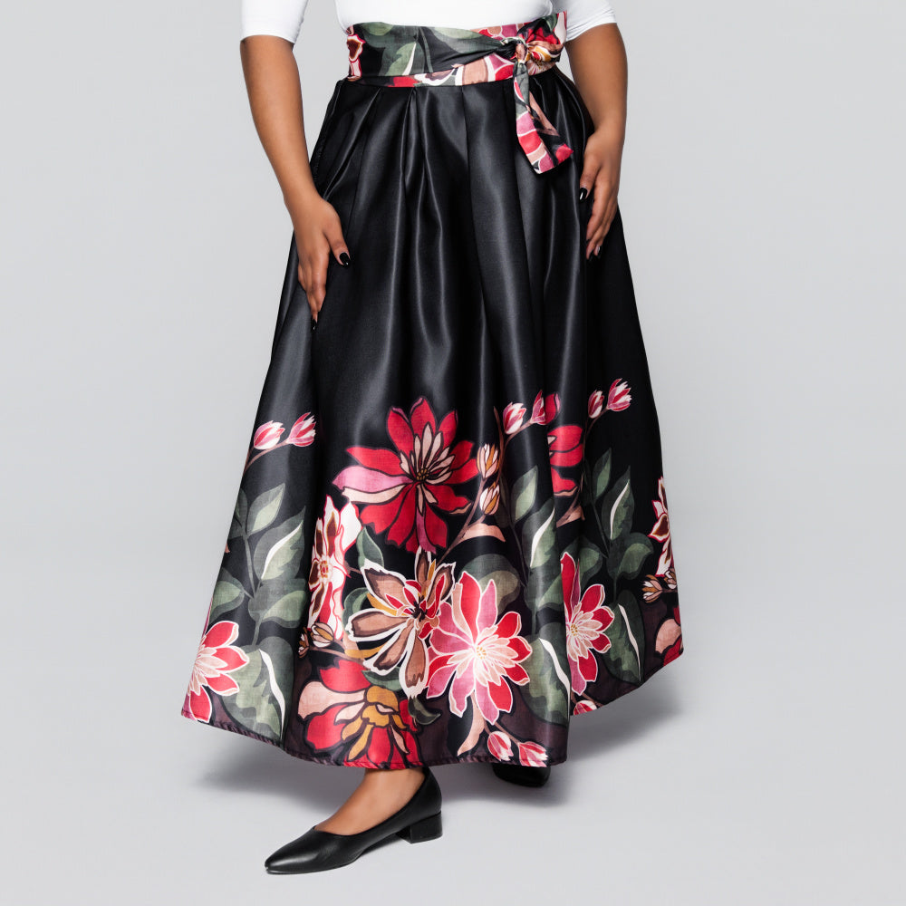 Black Border Print Duchess Satin Skirt