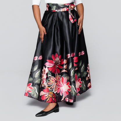 Black Border Print Duchess Satin Skirt