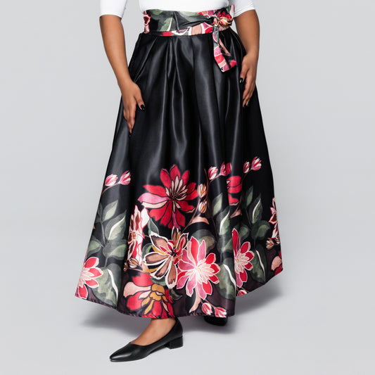 Black Border Print Duchess Satin Skirt