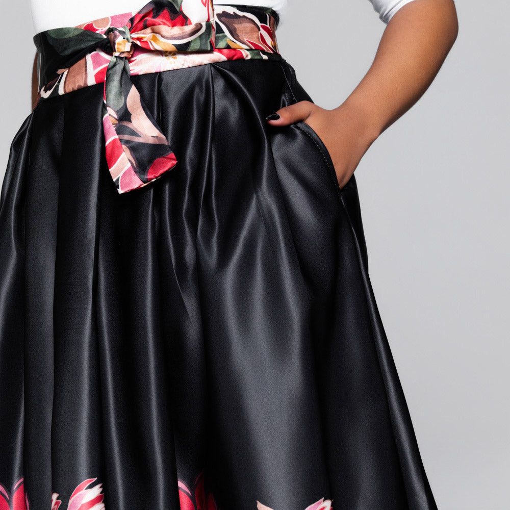 Black Border Print Duchess Satin Skirt