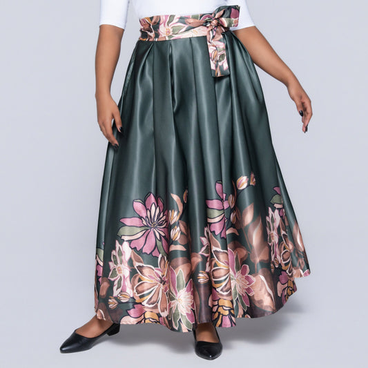 Green Border Print Duchess Satin Skirt