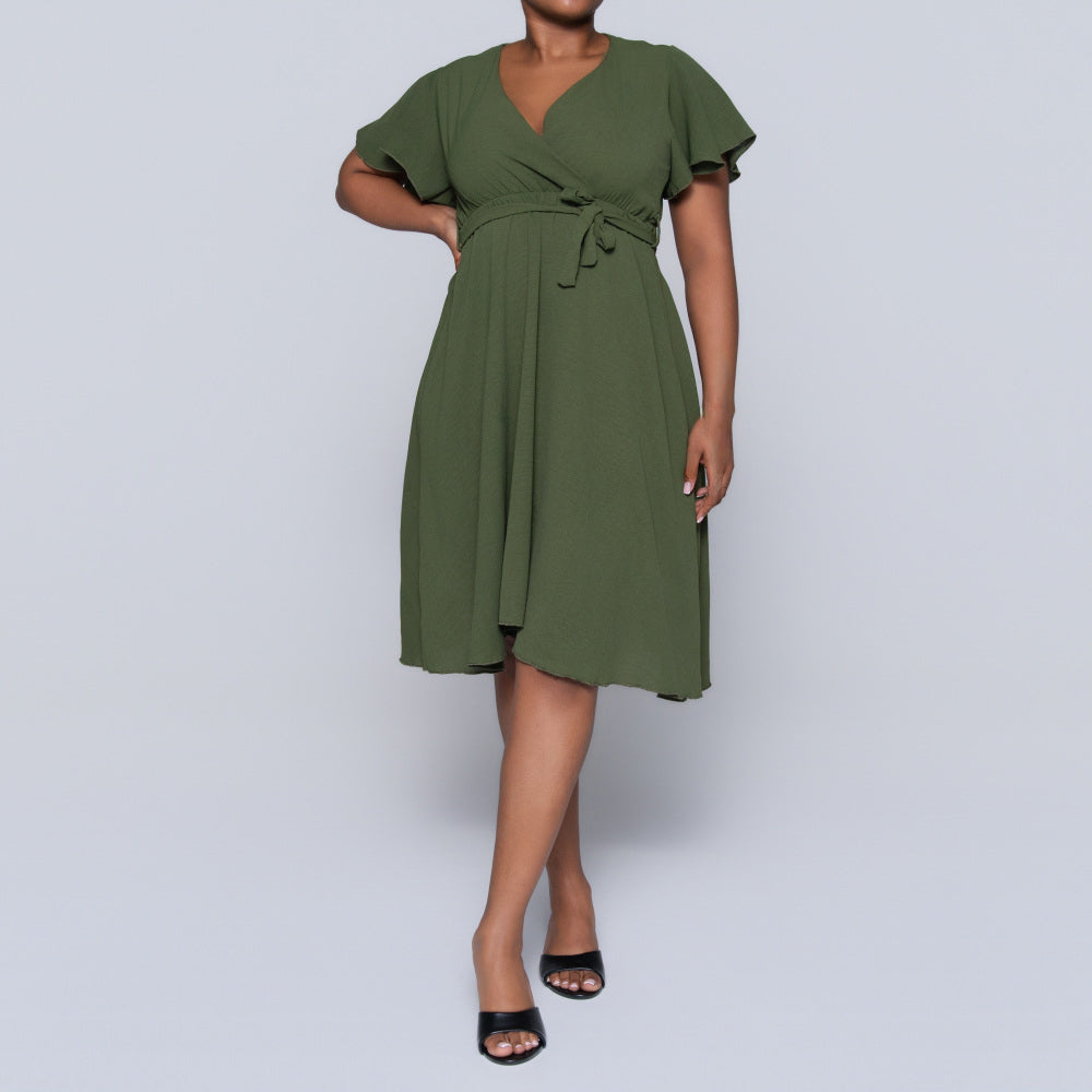 Olive Airflow Tie-Belt Dress