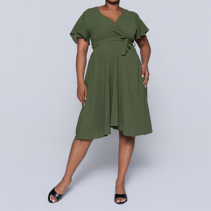 Olive Airflow Tie-Belt Dress