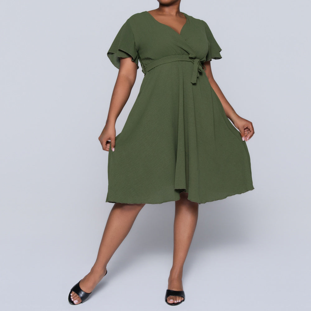 Olive Airflow Tie-Belt Dress