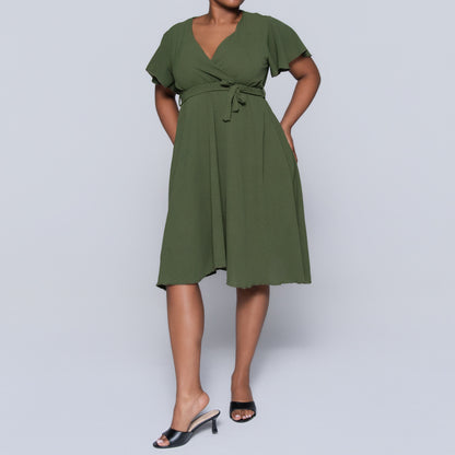 Olive Airflow Tie-Belt Dress