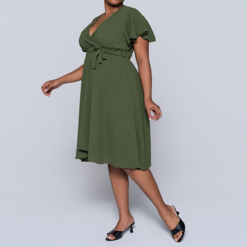 Olive Airflow Tie-Belt Dress