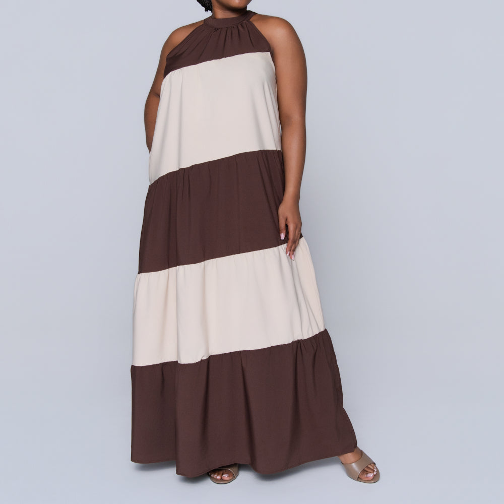 Brown Colour Block Dress