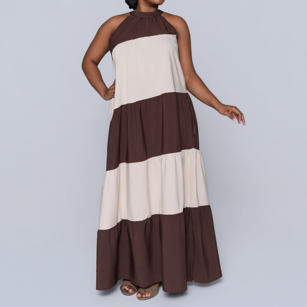 Brown Colour Block Dress