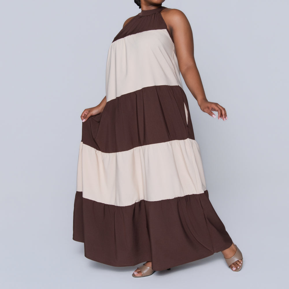 Brown Colour Block Dress