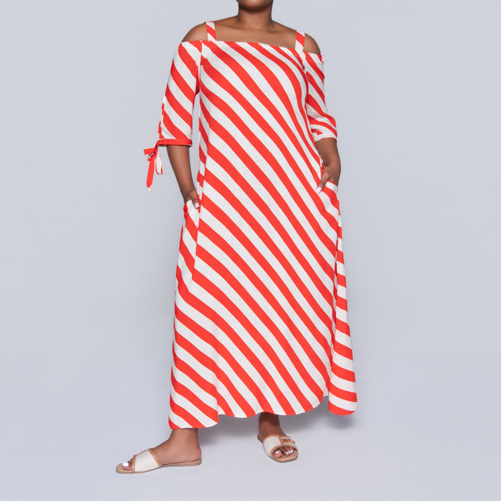 Striped Off Shoulder Strappy Dress