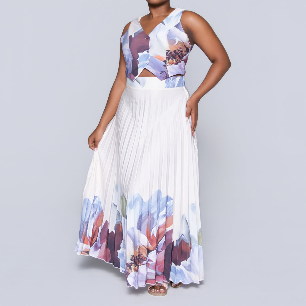 Border Print Waistcoat And Pleated Skirt