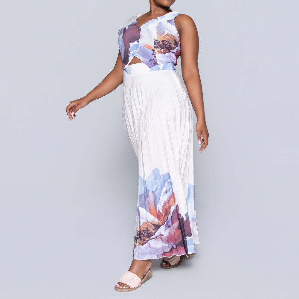 Border Print Waistcoat And Pleated Skirt