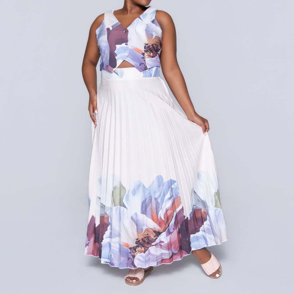 Border Print Waistcoat And Pleated Skirt