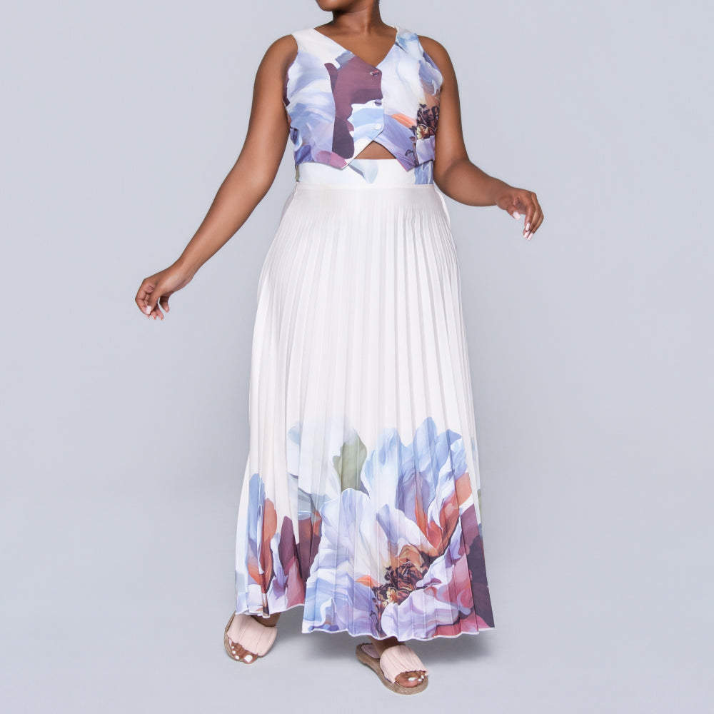 Border Print Waistcoat And Pleated Skirt