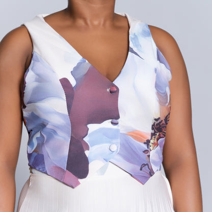 Border Print Waistcoat And Pleated Skirt