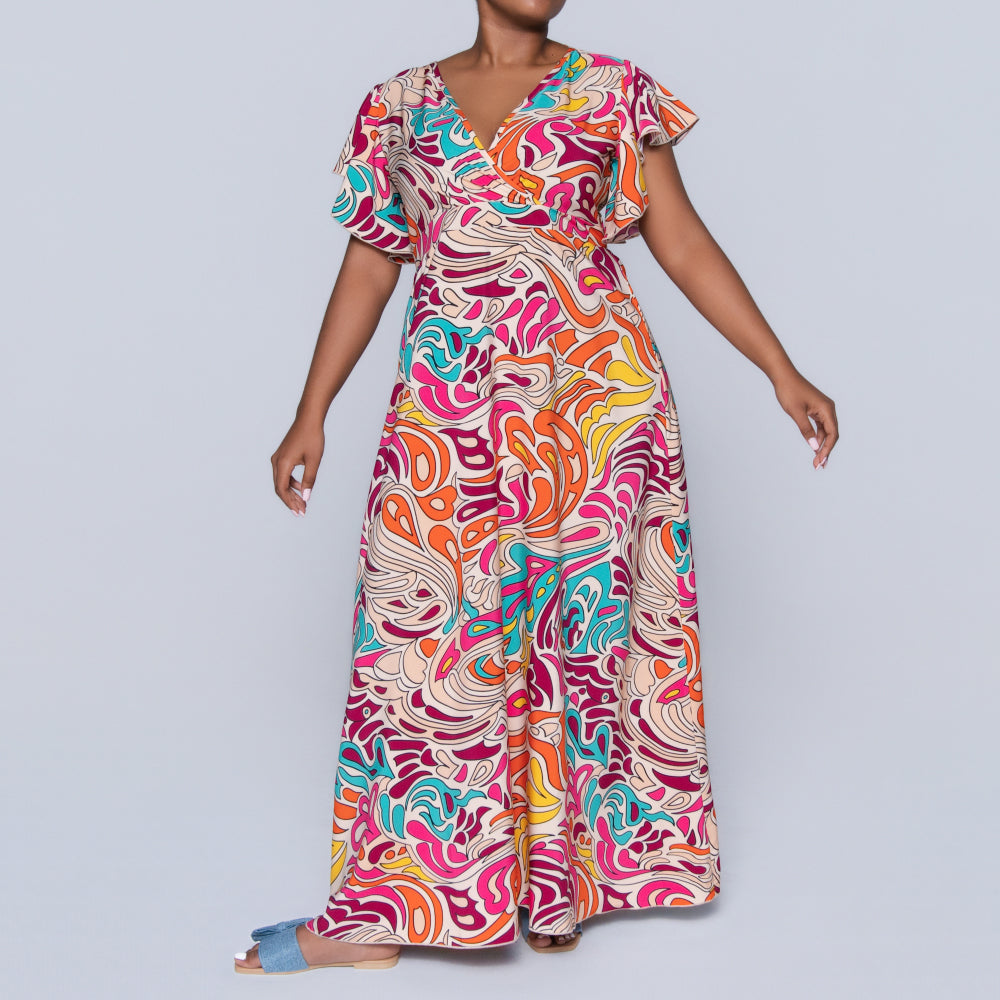 Cap Sleeve Printed Maxi Dress