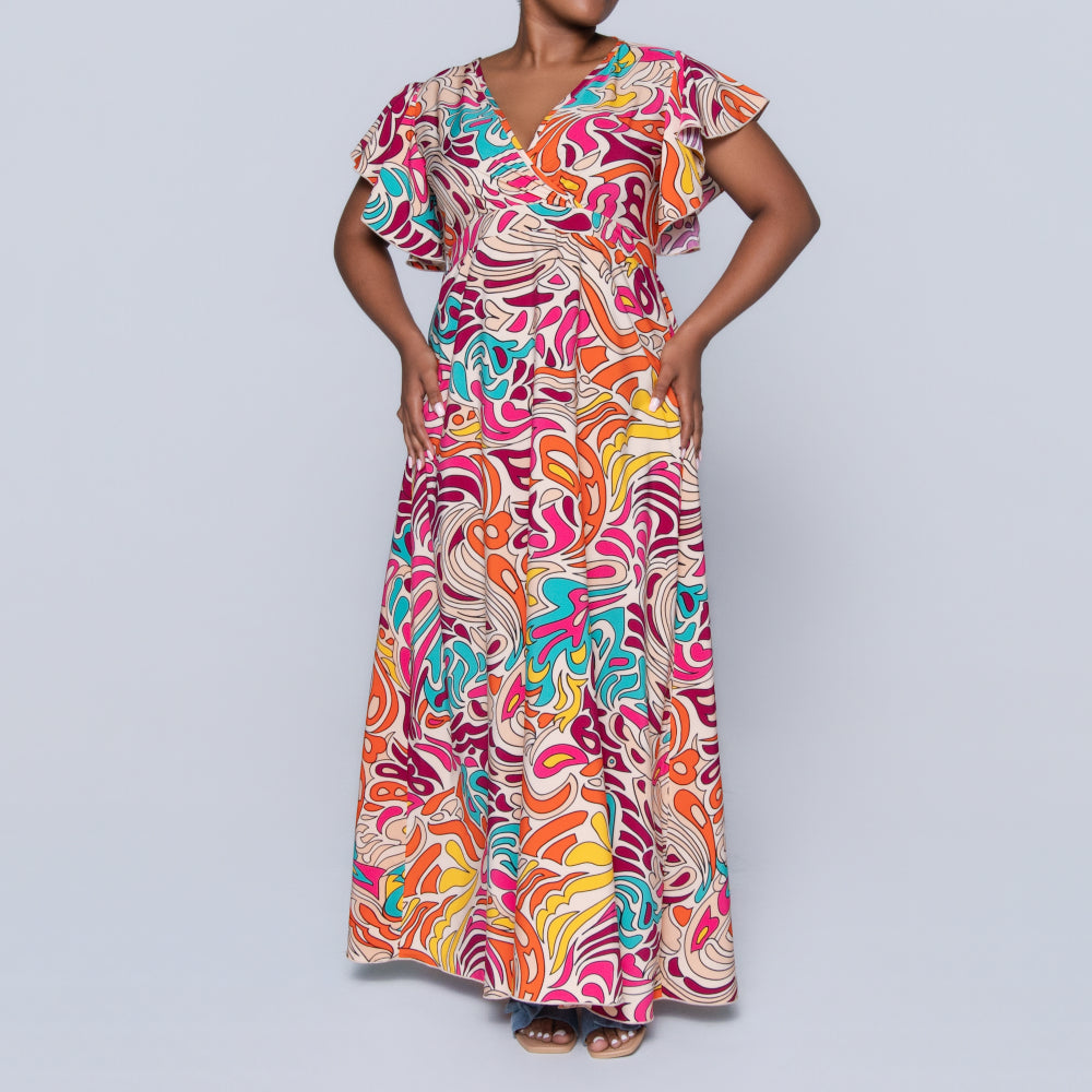 Cap Sleeve Printed Maxi Dress