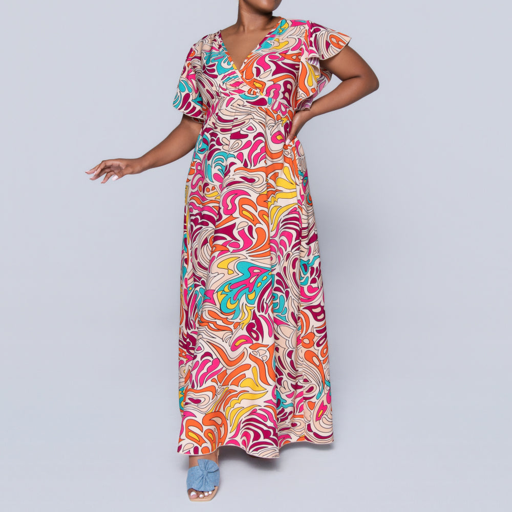 Cap Sleeve Printed Maxi Dress