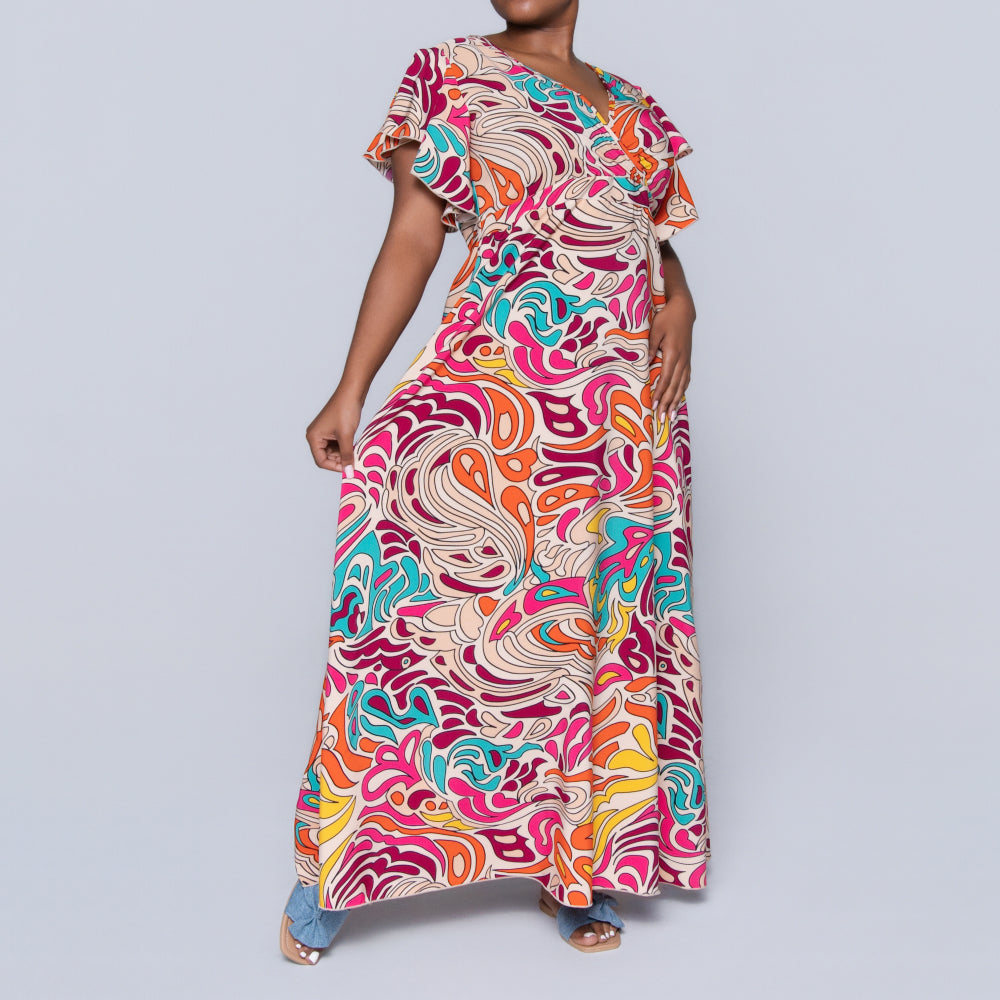 Cap Sleeve Printed Maxi Dress