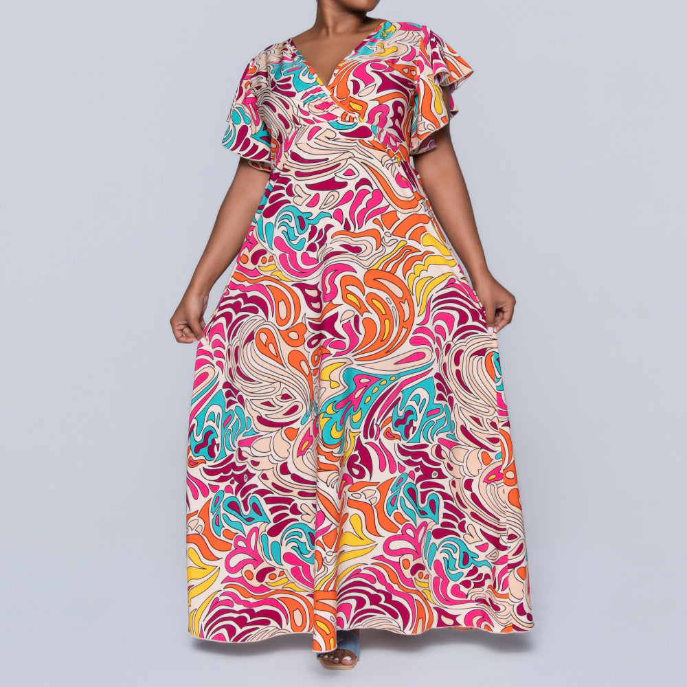 Cap Sleeve Printed Maxi Dress