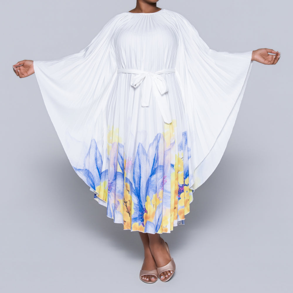 Printed Pleated Tie-Belt Tunic