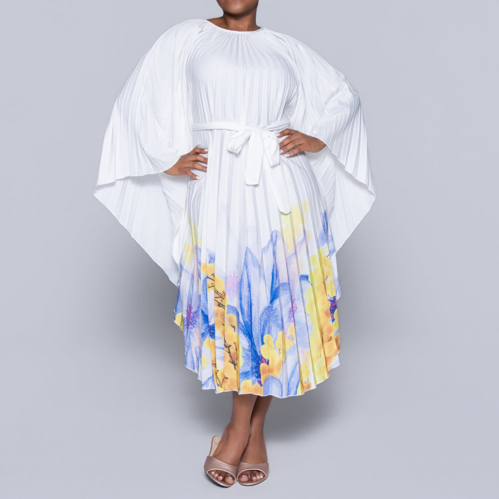 Printed Pleated Tie-Belt Tunic