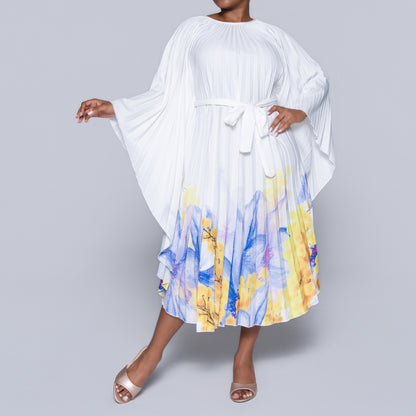 Printed Pleated Tie-Belt Tunic