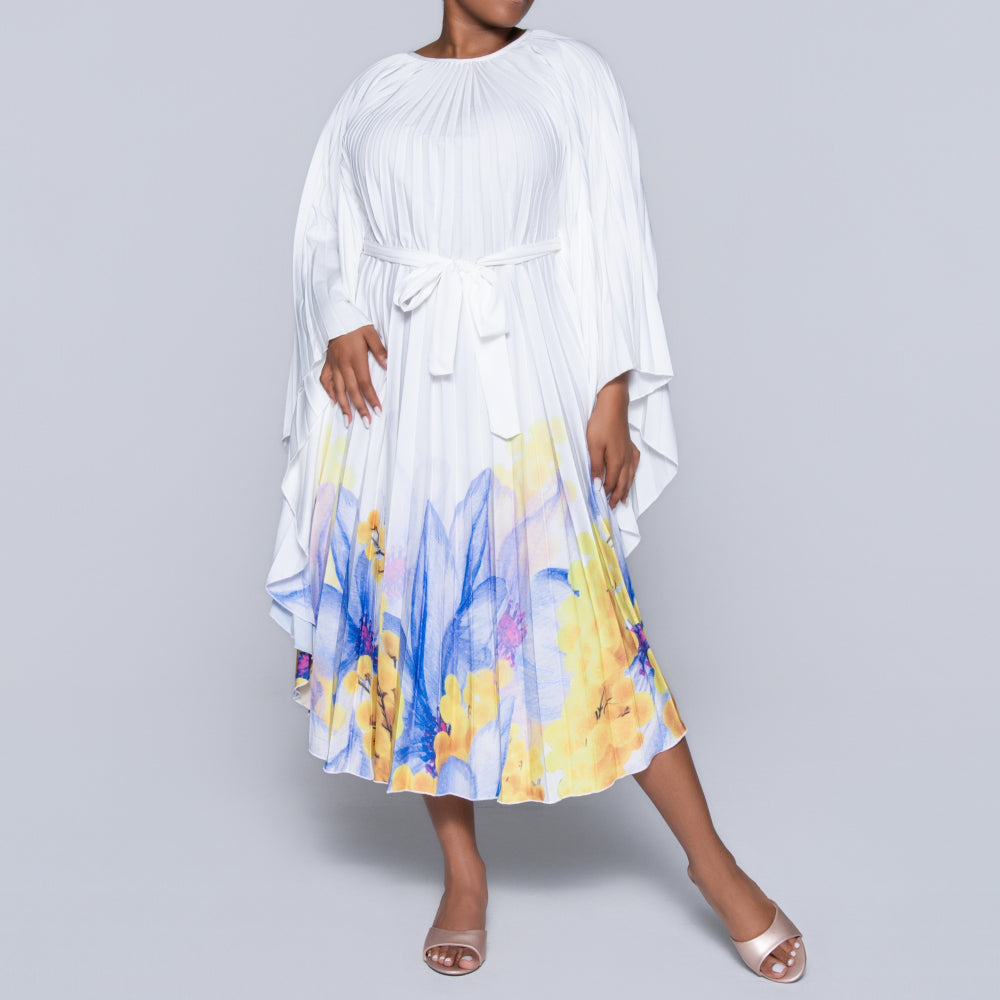 Printed Pleated Tie-Belt Tunic