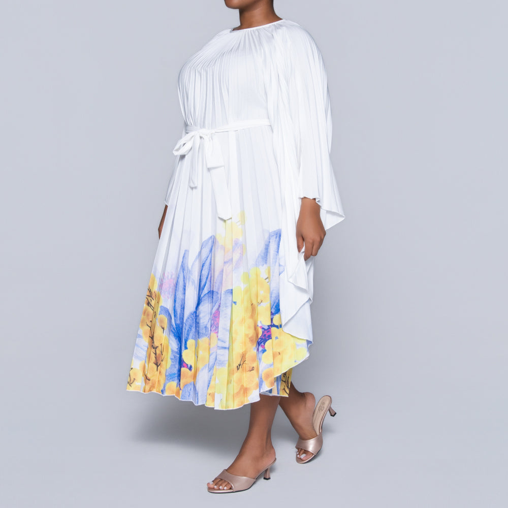 Printed Pleated Tie-Belt Tunic