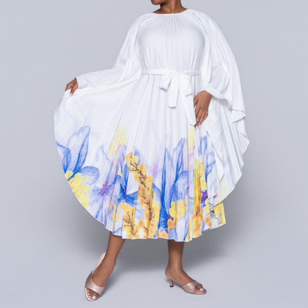 Printed Pleated Tie-Belt Tunic