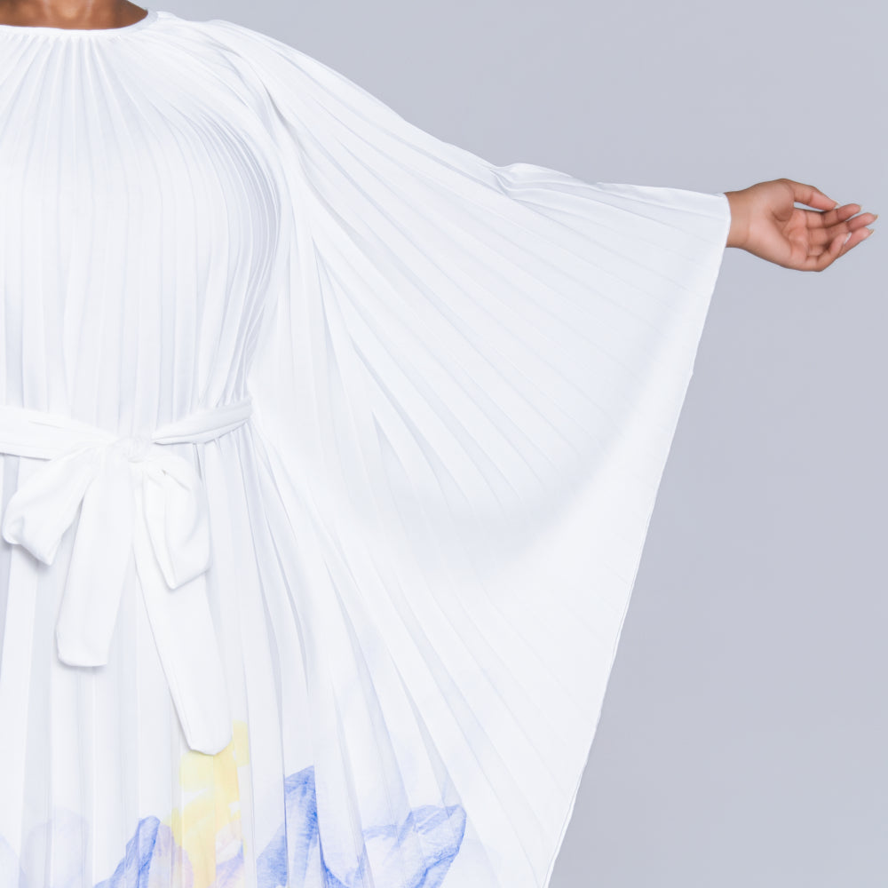 Printed Pleated Tie-Belt Tunic