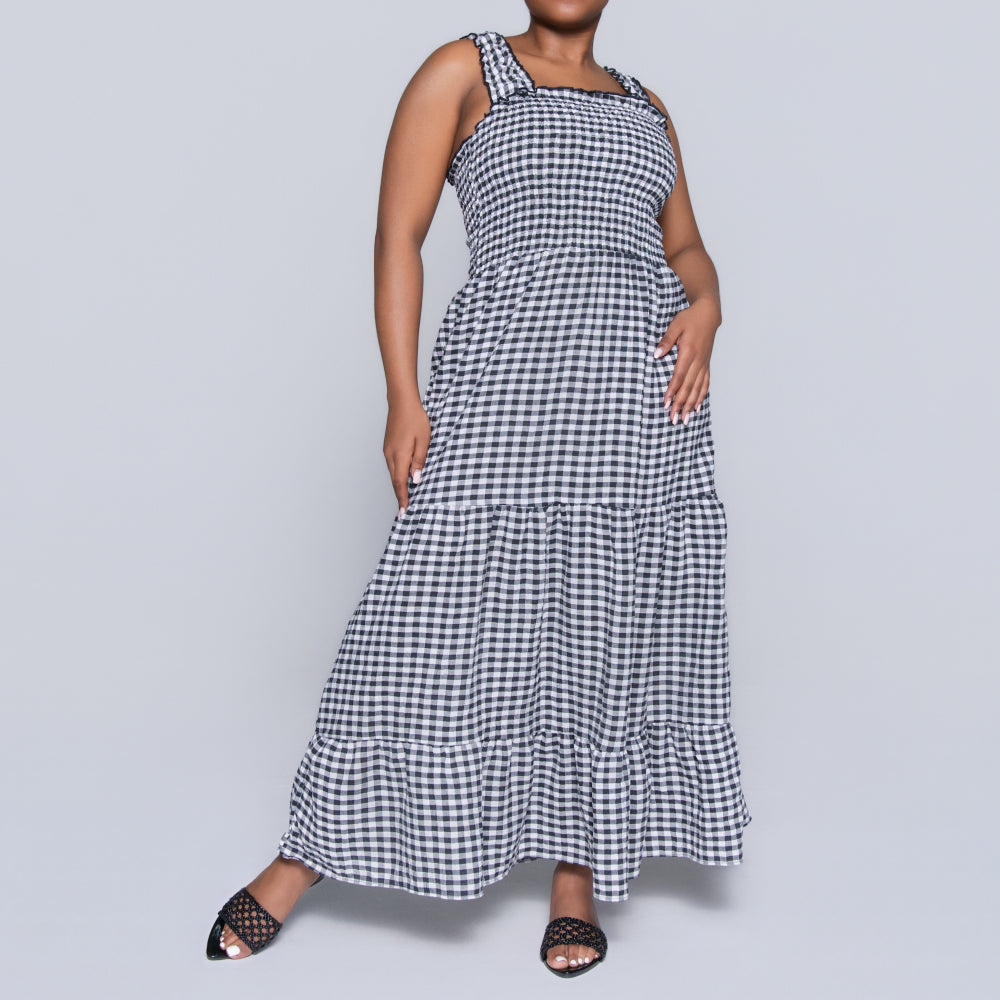 Blk/White Sleeveless Check Print Tiered Dress