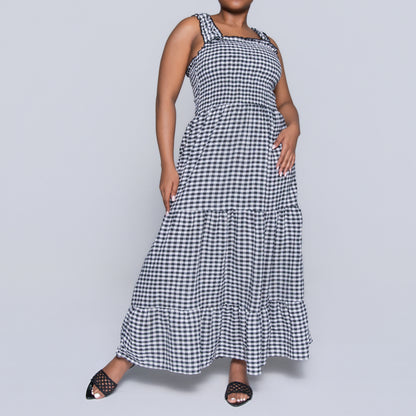 Blk/White Sleeveless Check Print Tiered Dress