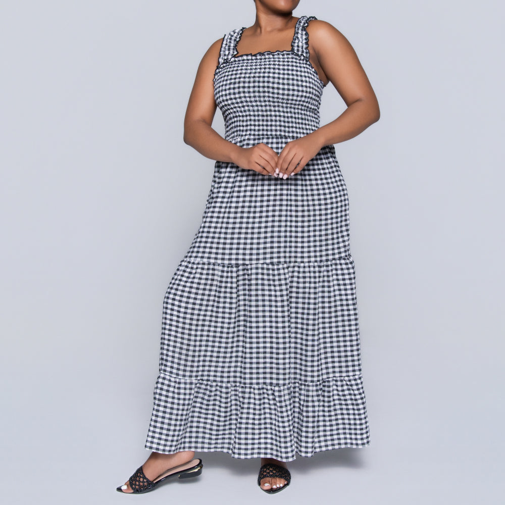 Blk/White Sleeveless Check Print Tiered Dress
