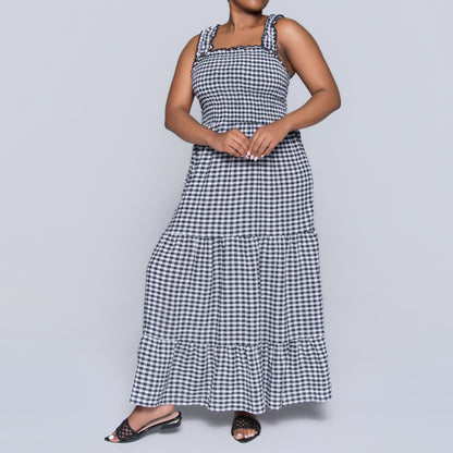 Blk/White Sleeveless Check Print Tiered Dress