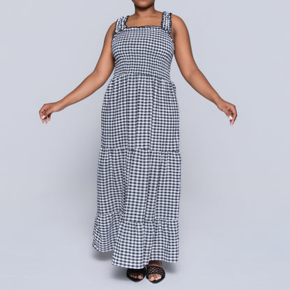 Blk/White Sleeveless Check Print Tiered Dress