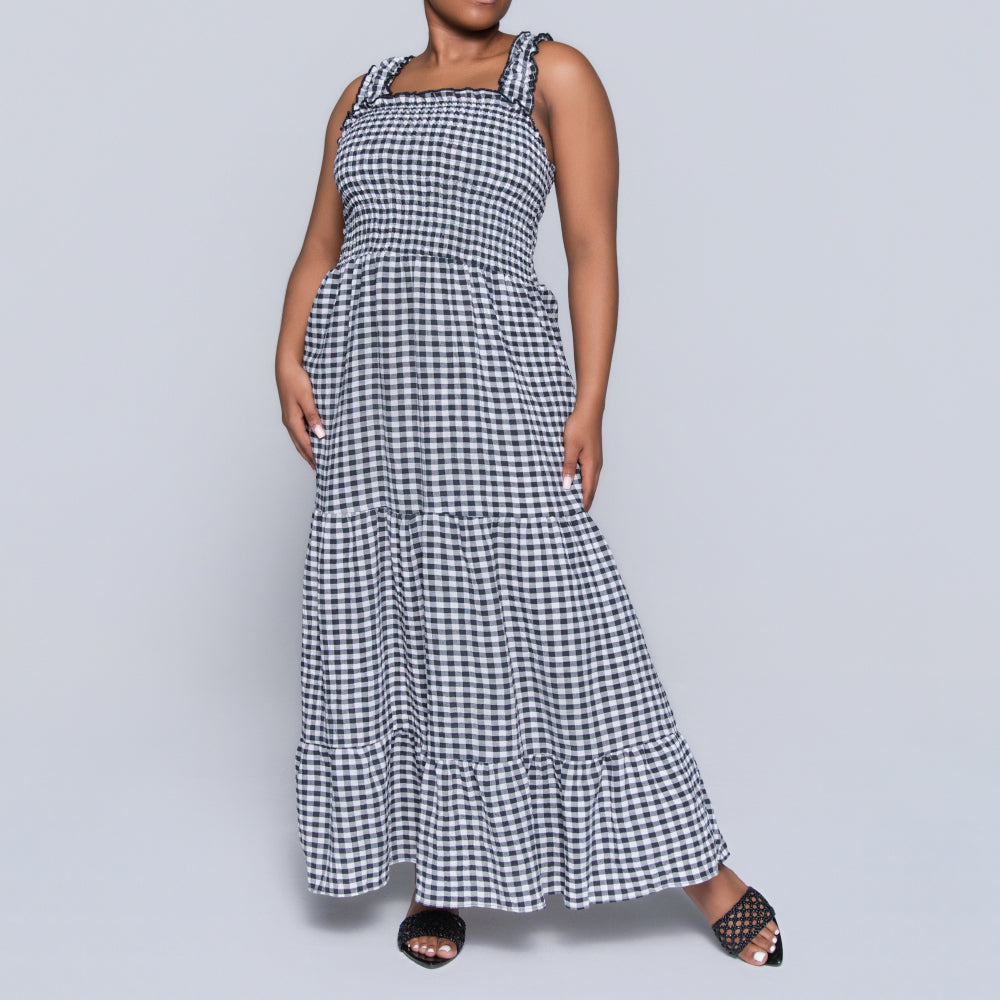 Blk/White Sleeveless Check Print Tiered Dress