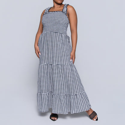 Blk/White Sleeveless Check Print Tiered Dress