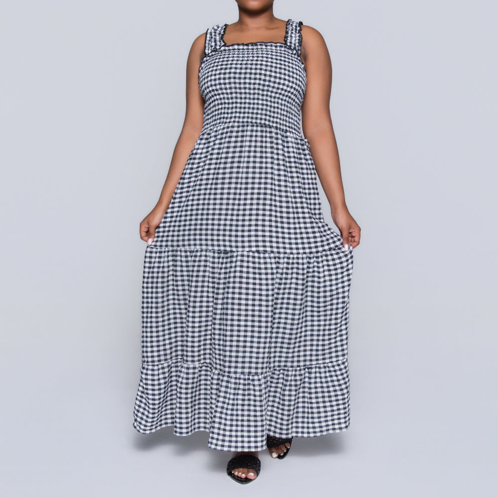 Blk/White Sleeveless Check Print Tiered Dress
