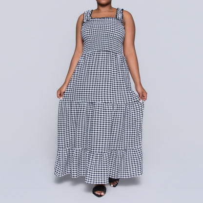 Blk/White Sleeveless Check Print Tiered Dress