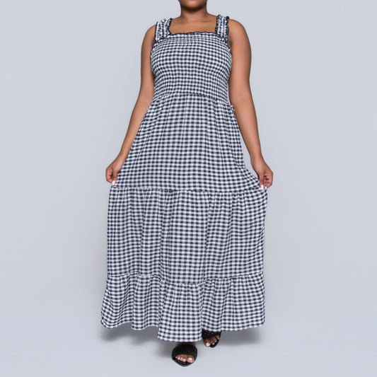 Blk/White Sleeveless Check Print Tiered Dress
