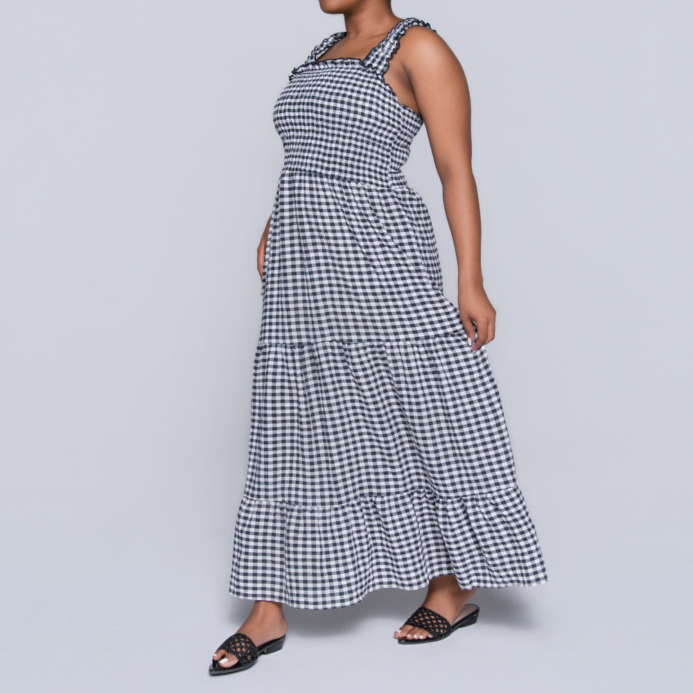 Blk/White Sleeveless Check Print Tiered Dress