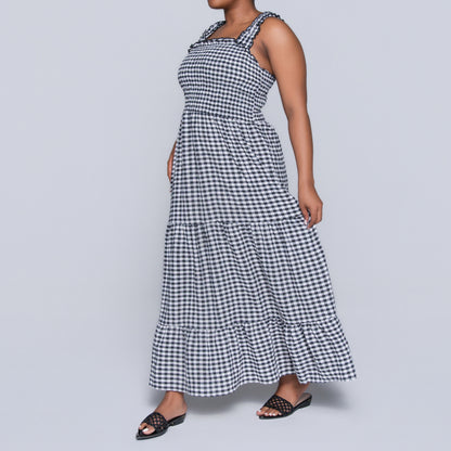 Blk/White Sleeveless Check Print Tiered Dress