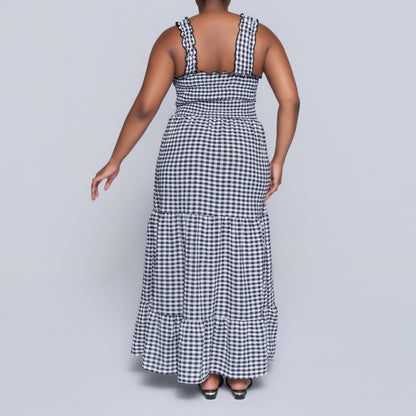 Blk/White Sleeveless Check Print Tiered Dress