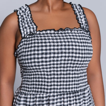 Blk/White Sleeveless Check Print Tiered Dress