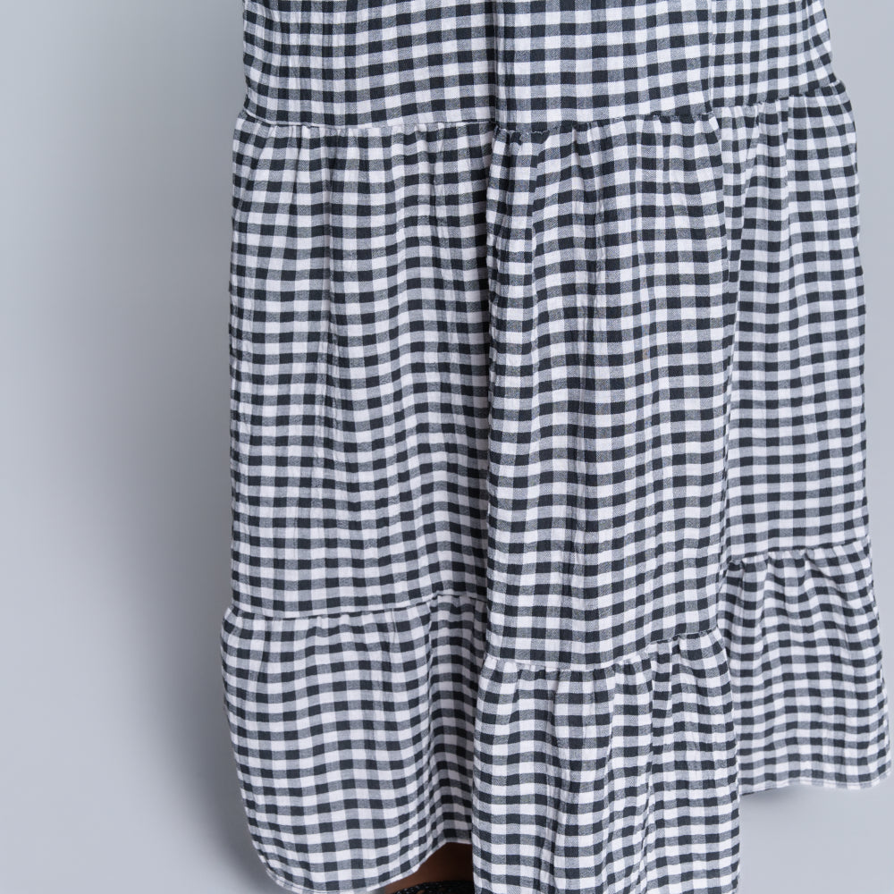 Blk/White Sleeveless Check Print Tiered Dress