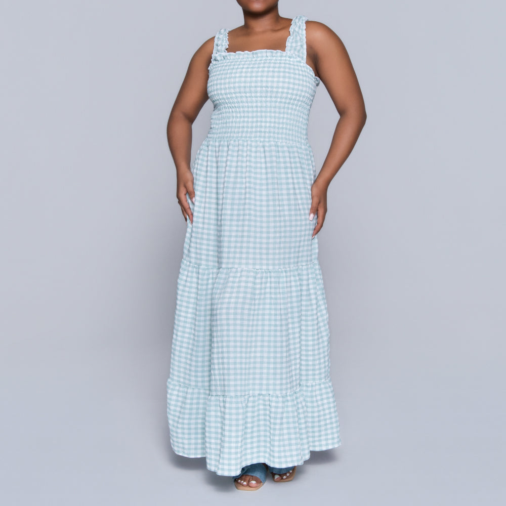Sage Sleeveless Check Print Tiered Dress