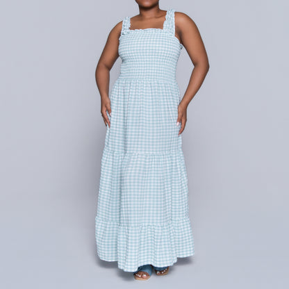 Sage Sleeveless Check Print Tiered Dress